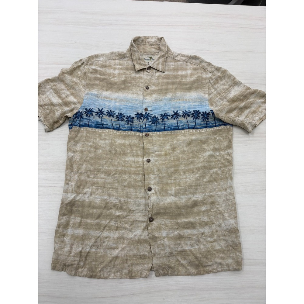 Island Shores Hawaiian Camp Shirt Men's Medium Beige Palm Tree Rayon Beach Aloha
